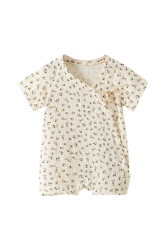 Baby Floral Print Wrapover Short Sleeve Romper Tie Front One-Piece Romperr for Infant Girls