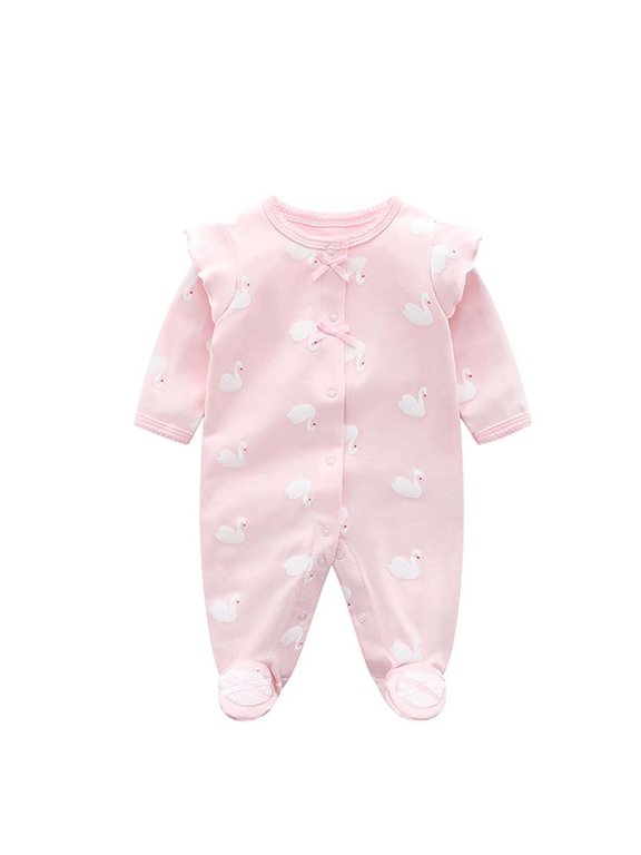 Baby Footed Bodysuit One-Piece Romper for Boys Girls Soft Cotton Long Sleeve Romper - Cute Swan Print Ruffle Sleeve Infant Snap Closure Toddler Outfit