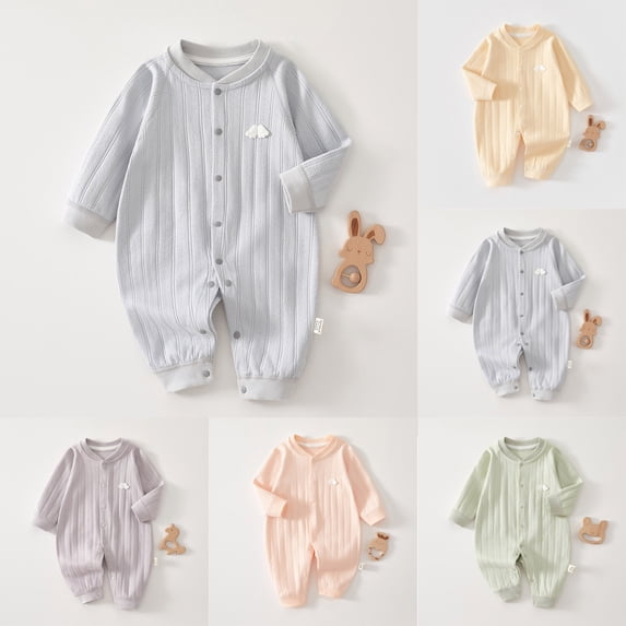 Umfun Baby Ribbed Bodysuit with Embroidery - Long Sleeve One-Piece Romper with Front Snap Placket and Soft Round Neck Cozy Fall Winter Outfit for Newborn Infant