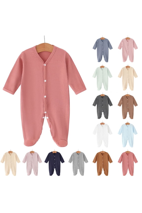 Baby Ribbed Wrap Bodysuit - V-Neck Long Sleeve Footed One-Piece Romper with Full Front Snap Closure Soft Newborn Sleepsuit for Cozy Winter Daily Wear
