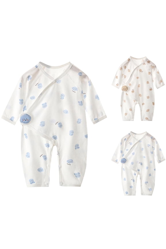 Baby Wrapover Bodysuit with Animal Patch - Long Sleeve Leaf Print One-Piece Romper with Cross Front Snap Closure Soft Breathable Newborn Sleepwear