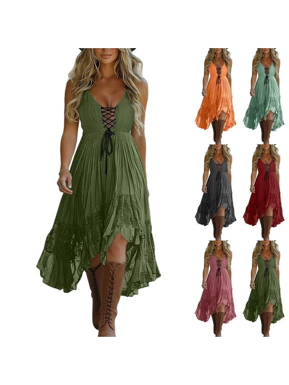 Boho Style Flowy Midi Dresses for Women with an Adjustable Lace-Up V-Neck, High-Low Ruffle Hem & Intricate Lace Trim - Perfect for Festivals & Holiday Getaways