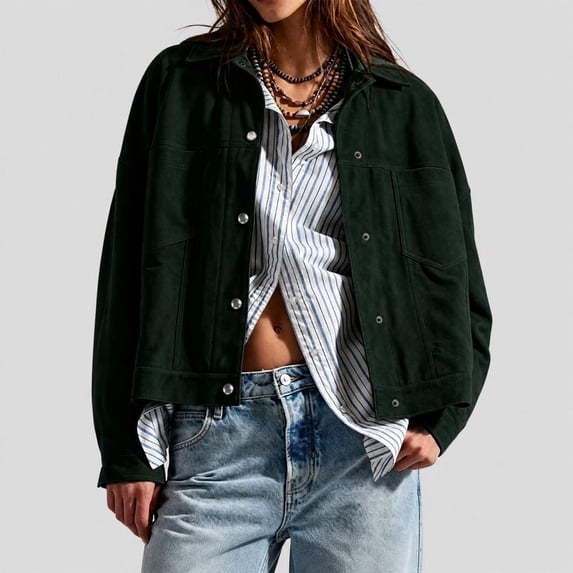 Umfun Button Down Collared Long Sleeve Jackets for Women Casual Streetwear Tops - Loose Fit Chest Pocket Coat for Daily Wear.