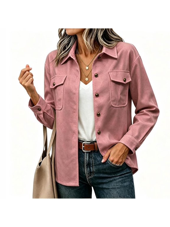 Button Down Collared Long Sleeve Jackets for Women Casual Work Tops - Loose Fit Chest Pocket Shirt Jacket for Daily Wear.