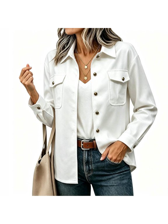 Button Down Collared Long Sleeve Jackets for Women Casual Work Tops - Loose Fit Chest Pocket Shirt Jacket for Daily Wear.