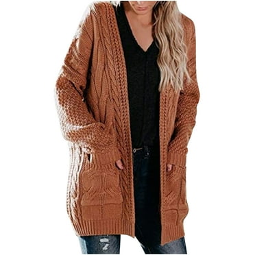 Umfun Cardigan for Women Solid Lightweight Casual V Neck Button Hollowed Out Lantern Sleeve Top Sweater Cardigan Basic Knit Cardigan Sweater with Pockets Brown XL