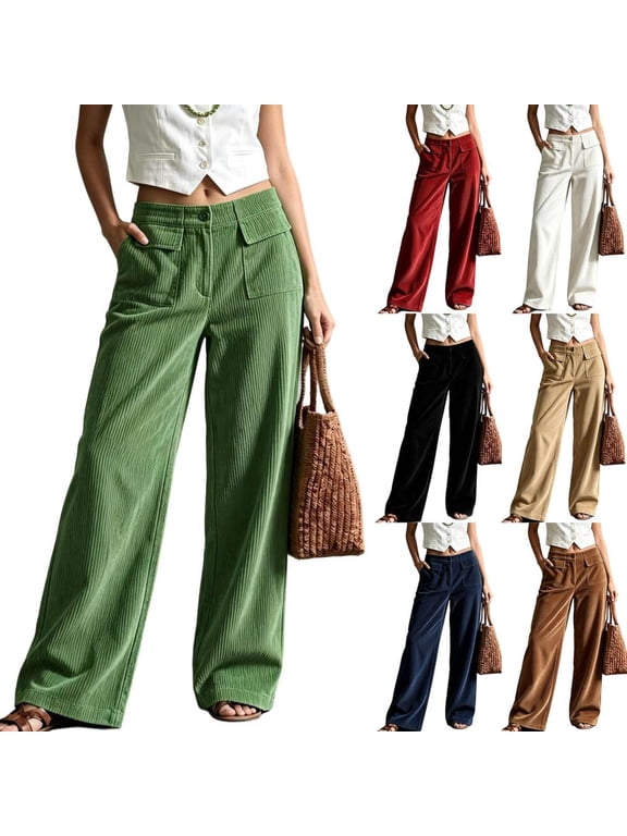 Cargo Wide Leg Pants for Women High Waist Corduroy Trousers with Large Pockets Button Fly Fall Winter Casual Loose Pants for Women Casual Daily Wear
