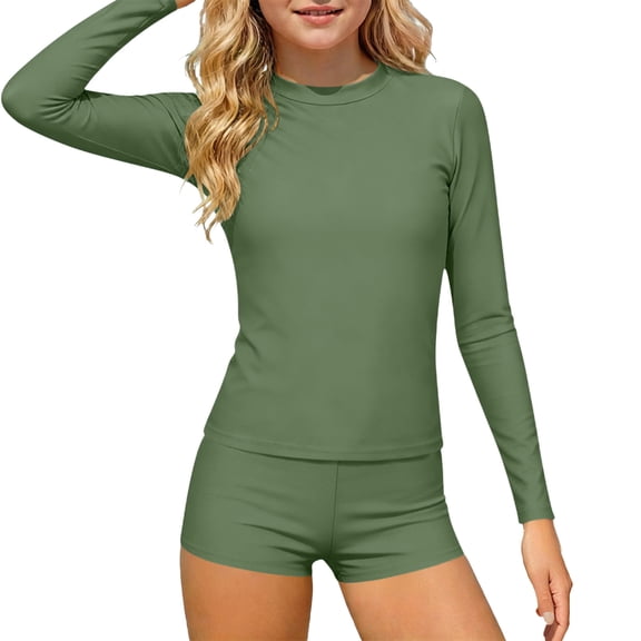 Umfun Children's 2 Piece Long Sleeve Solid Color Rash Guard Swimsuit Age 3-14 Years