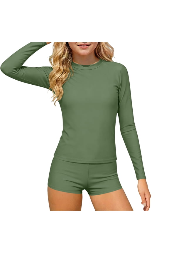Children's 2 Piece Long Sleeve Solid Color Rash Guard Swimsuit Age 3-14 Years
