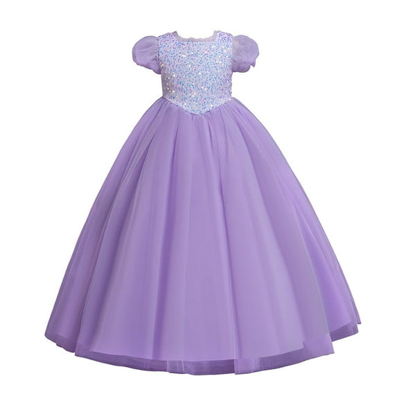 Umfun Children's Dress Girl Puff Sleeve Princess Long Sequin Ceremonial Birthday Party Dress Pageant Gown Dress Purple 5-6 Years