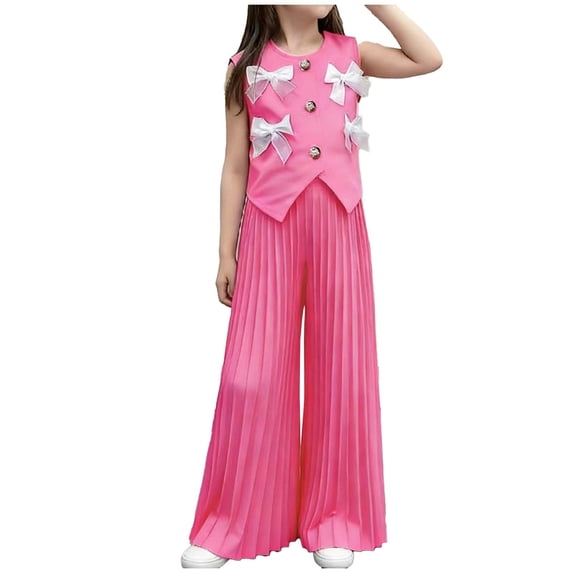 Umfun Children's Suit Sleeveless Butterfly Elastic Waist Pleated Wide Leg Pants Set, Fashion Outfit Age 2-9 Years