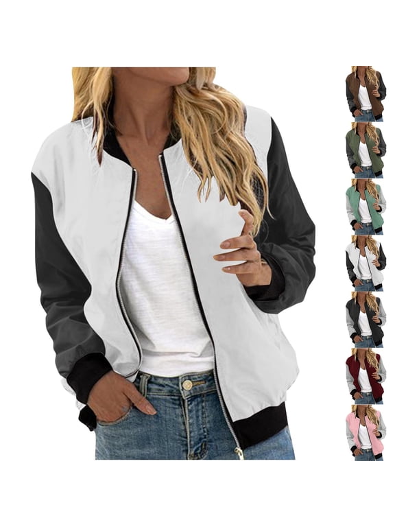 Color Block Zip Up Varsity Bomber Jacket for Women - Sporty Ribbed Trim Outerwear with Side Pockets for Casual Streetwear and Urban Daily Commute