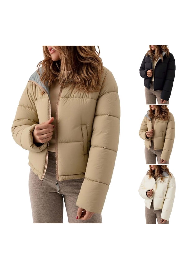 Contrast Collar Lightweight Cropped Puffer Jacket for Women - Warm Down Alternative Coat with Zip Front for Winter Commute and Autumn Travel