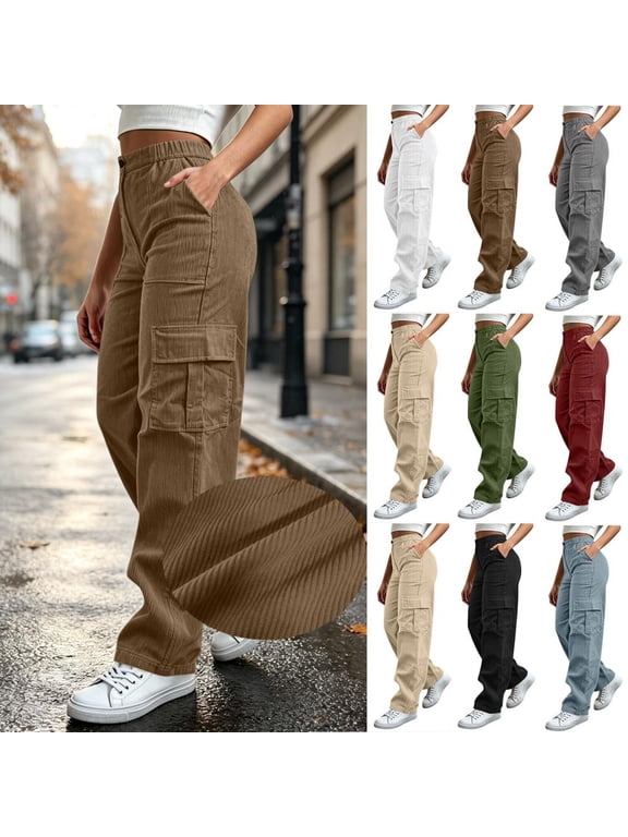 Corduroy Cargo Pants for Women Drawstring Waist Straight Leg Trousers Pants for Women with Flap Pockets for Outdoor Activities and Casual Daily Wear