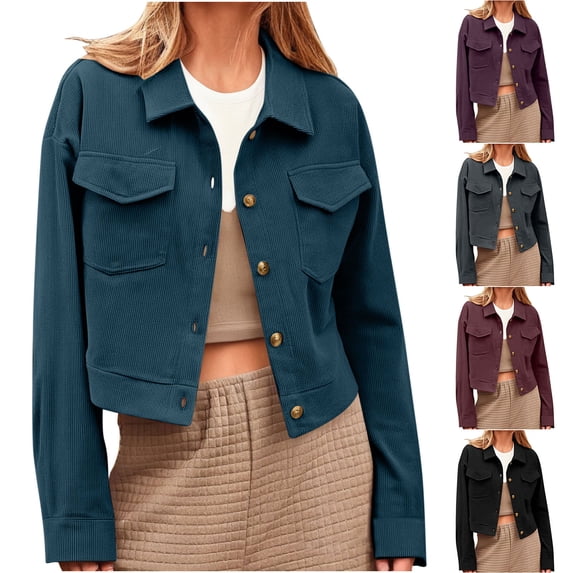 Umfun Cropped Collared Button Down Corduroy Jacket for Women - Casual Utility Shacket with Flap Pockets for Autumn Travel and Weekend Street Style