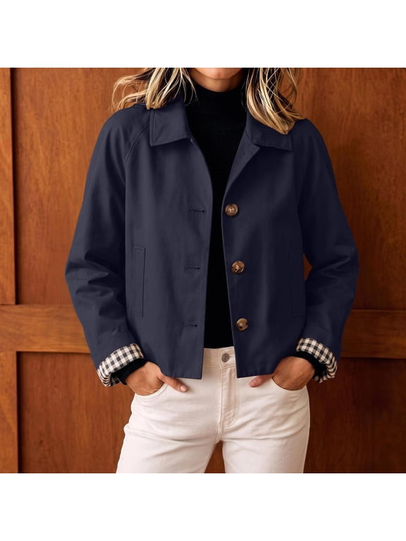 Cropped Jackets for Women Collared Button Down Casual Fall Winter Lightweight Coats for Women with Contrast Cuff Detail for Work Office and Daily Wear Activities