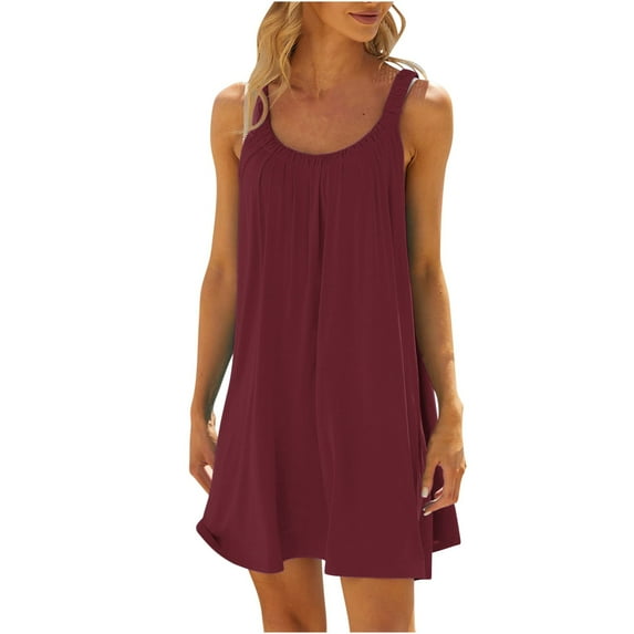 Umfun Dresses for Women 2024 Summer Dress Sleeveless Round Neck Printed Loose Long Dress Wine L