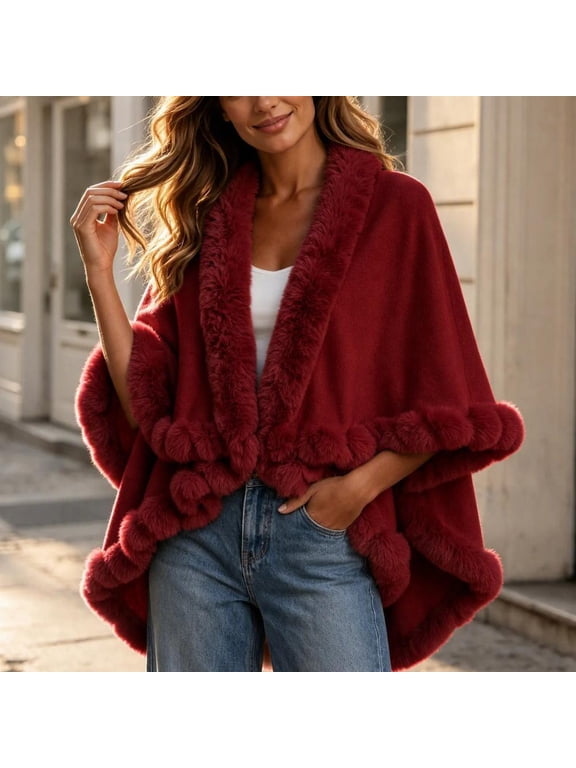 Faux Fur Trim Open Front Cape Shawl Poncho Wrap for Women Casual Party - Loose Fit Flowy Cardigan for Evening Wear.