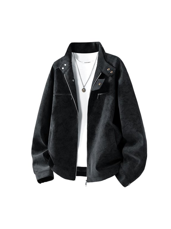 Faux Suede Moto Jackets for Men Stand Collar Zip Up Casual Fall Winter Asymmetrical Snap Detail Coats for Men with Side Pockets for Work Office and Daily Wear Activities