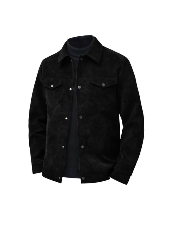 Faux Suede Trucker Jacket Button Down Casual Fall Winter Classic Western Style Coats for Men with Flap Pockets for Work Office Commute and Daily Wear Activities