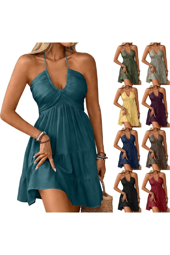 Flattering Teal Halter Mini Dress for Women - Ruched Front Tiered Ruffle Hem Summer Beach Vacation and Party Dress for Fun Days and Festive Nights