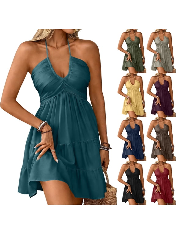 Flattering Teal Halter Mini Dress for Women - Ruched Front Tiered Ruffle Hem Summer Beach Vacation and Party Dress for Fun Days and Festive Nights