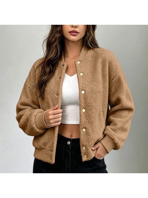 Fleece Bomber Jackets for Women Button Down Casual Fall Winter Cropped Cardigan Coats for Women Vacation Getaways and Casual Daily Wear Activities