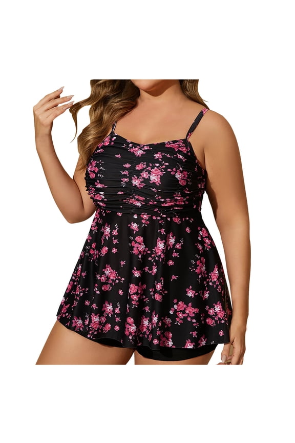 Floral Print Swim Dress with Built-in Shorts - Flattering Plus Size One-Piece with Spaghetti Straps for Full Coverage & Comfort