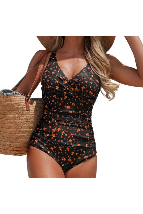 Floral Wrap Front One-Piece Swimsuit for Women - Modest Deep V-Neck Monokini for Full Coverage Beach & Pool Days