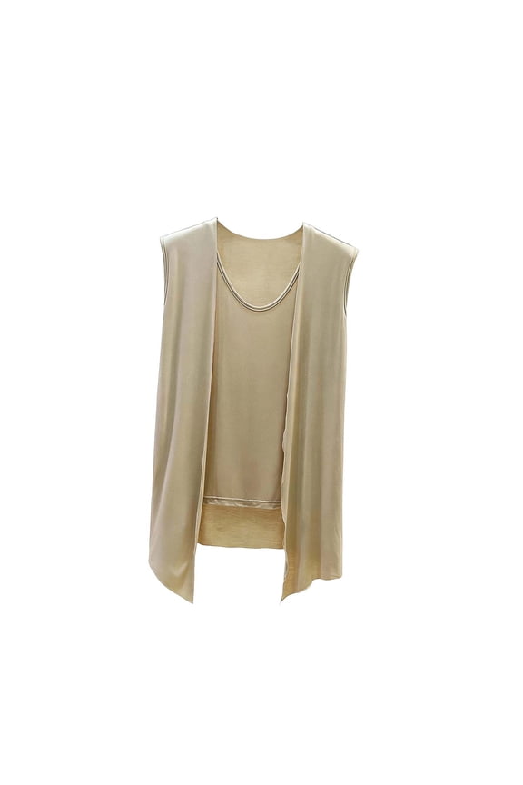 Flowy Fake Two Piece Sleeveless Kimono Vest - Lightweight Draped Layering Piece for Beach Vacation & Daily Wear