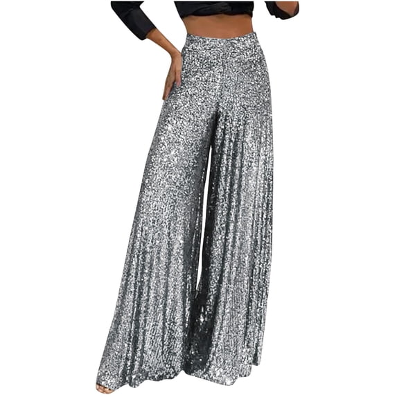 Umfun Formal Dresses for Women Evening Party Sequin Flare Loose Pants Fashion Elegant Solid High Waist Wide Leg Pants Silver L