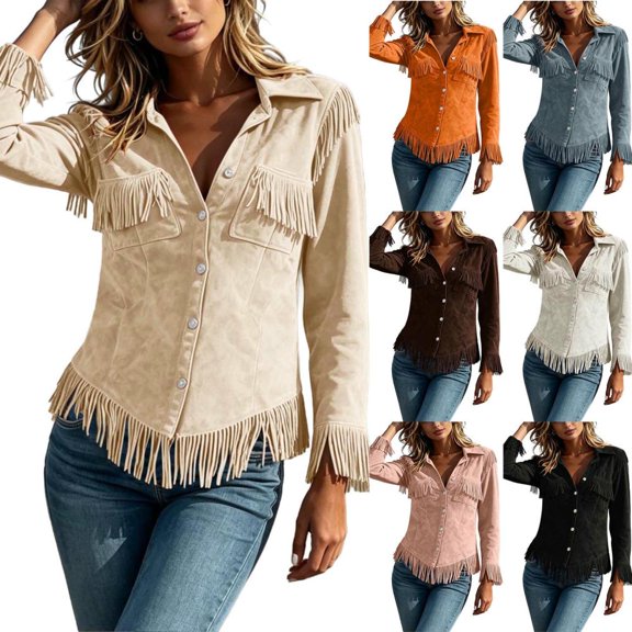 Umfun Fringe Faux Suede Jackets for Women Button Down Western Style Casual Fall Winter Coats for Women with Flap Pockets for Vacation Commute and Casual Daily Wear Activities