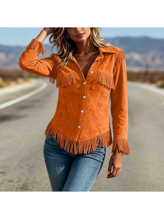 Fringe Faux Suede Jackets for Women Button Down Western Style Casual Fall Winter Coats for Women with Flap Pockets for Vacation Commute and Casual Daily Wear Activities