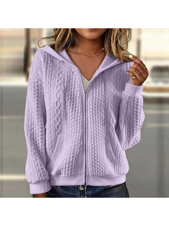 Full Zip Cable Knit Hoodies for Women Drawstring Casual Fall Winter Sporty Jackets for Women with Kangaroo Pocket for Work Office and Daily Wear Activities