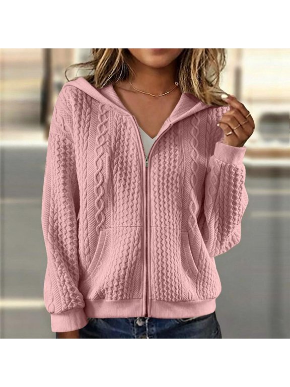 Full Zip Cable Knit Hoodies for Women Drawstring Casual Fall Winter Sporty Jackets for Women with Kangaroo Pocket for Work Office and Daily Wear Activities