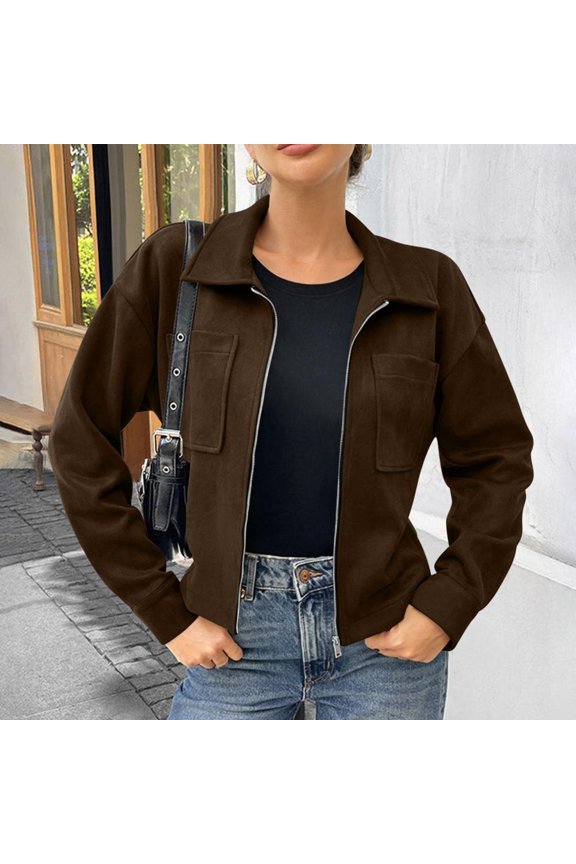 Full Zip Collared Jackets for Women Relaxed Fit Casual Fall Winter Utility Coats for Women with Front Patch Pockets for Work and Daily Wear