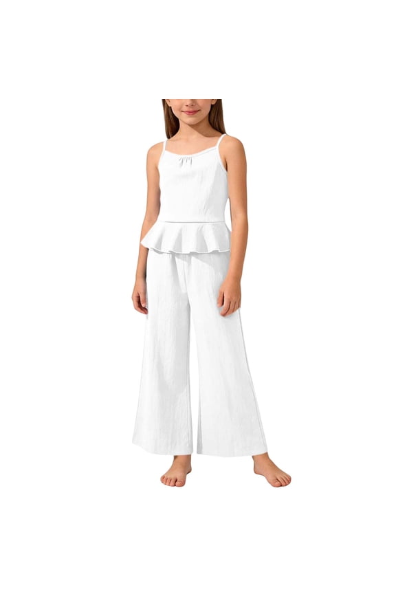 Girls 2 Piece Outfits Peplum Spaghetti Strap Top Wide Leg Pants Set Casual Kids Summer Clothes