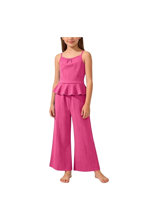 Girls 2 Piece Outfits Peplum Spaghetti Strap Top Wide Leg Pants Set Casual Kids Summer Clothes