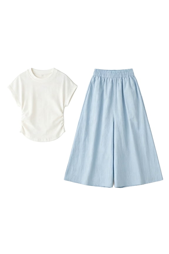 Girls 2 Piece Outfits Ruched Short Sleeve Top Wide Leg Pants Set Casual Daily Wear