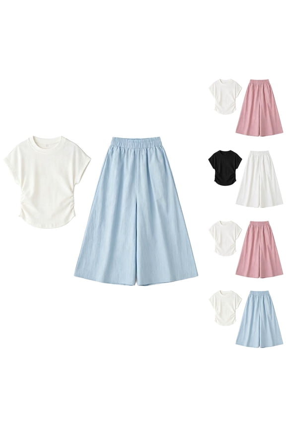 Girls Outfit Set Side Ruched Short Sleeve Crew Neck Top and Wide Leg Culotte Pants Set - Comfy Summer 2-Piece Matching Outfit Set for School Days and Vacation Travel