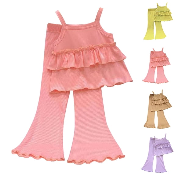 Umfun Girls 2 Piece Outfits Ruffle Layered Cami Top Flare Leg Pants Set Cute Summer Wear