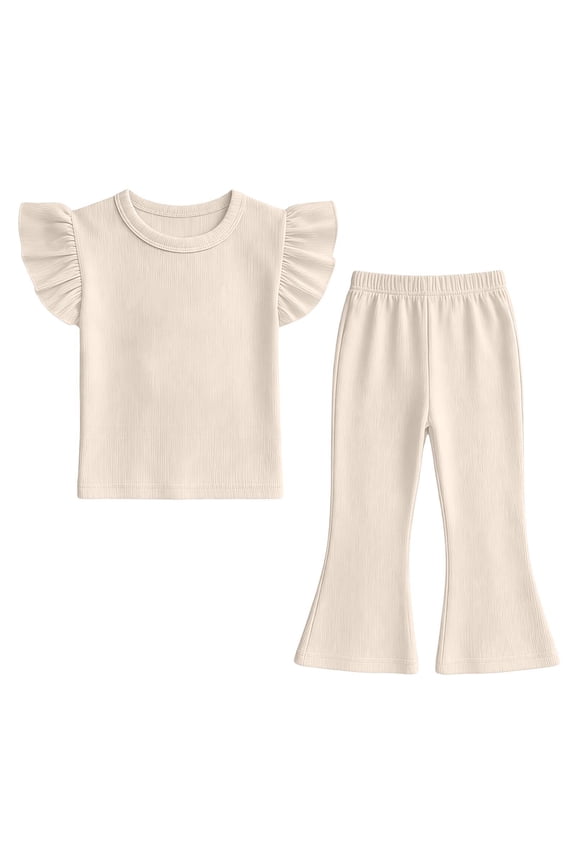 Girls 2 Piece Outfits Ruffle Sleeve Solid Top Flare Pants Set Cute Kids Casual Clothes