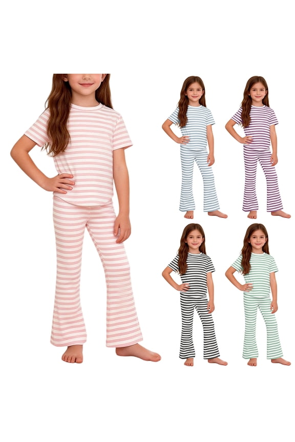 Girls 2 Piece Outfits Striped T-Shirt Flare Pants Set Casual Loungewear