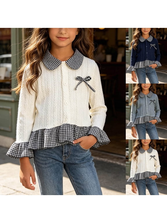Girls Cable Knit Cardigan Top with Gingham Collar and Bow Detail Button Down Winter Warm Casual Top for School Daily Wear