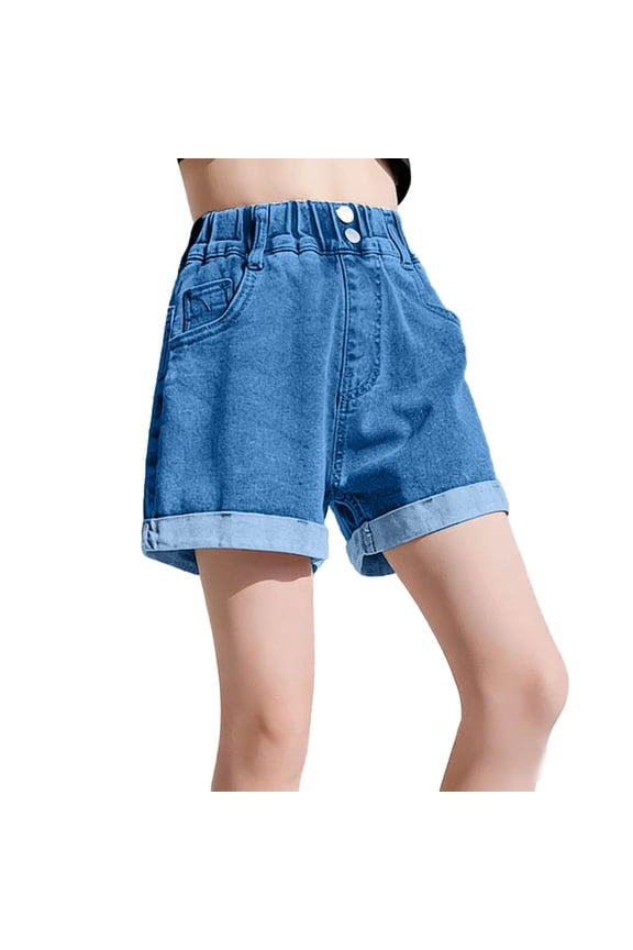 Girls' Elastic Waist Denim Shorts Rolled Hem High Waist Casual Jean Shorts with Button Detail