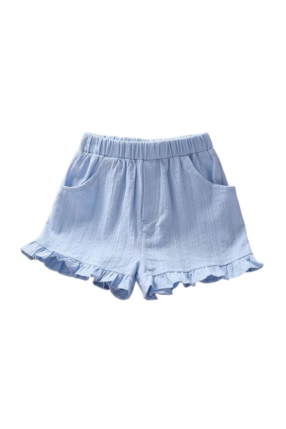 Girls' Elastic Waist Ruffle Hem Shorts Textured Casual Summer Shorts with Pockets