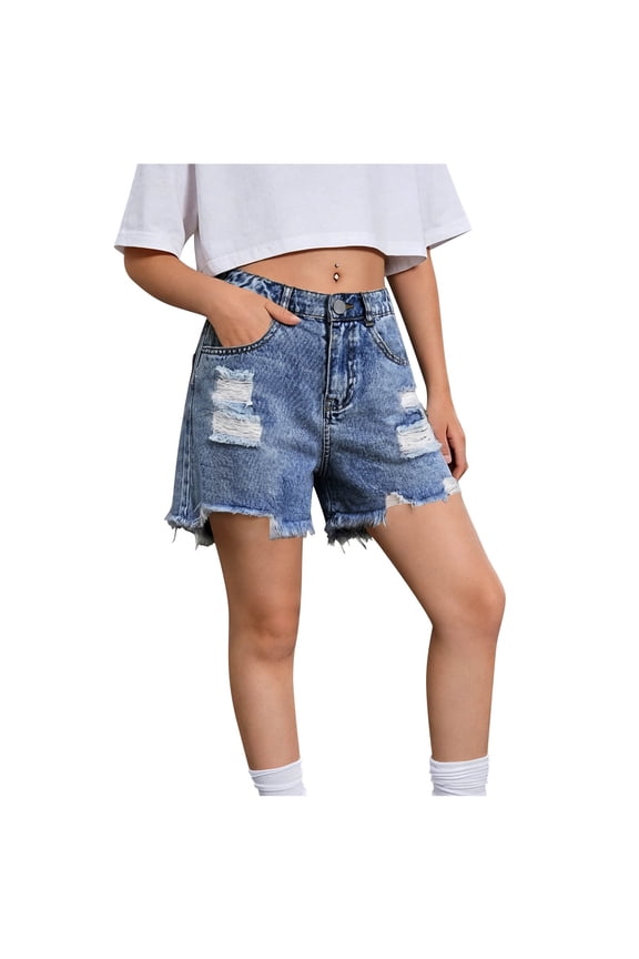 Girls' High Waist Denim Shorts Frayed Distressed Casual Shorts with Raw Hem