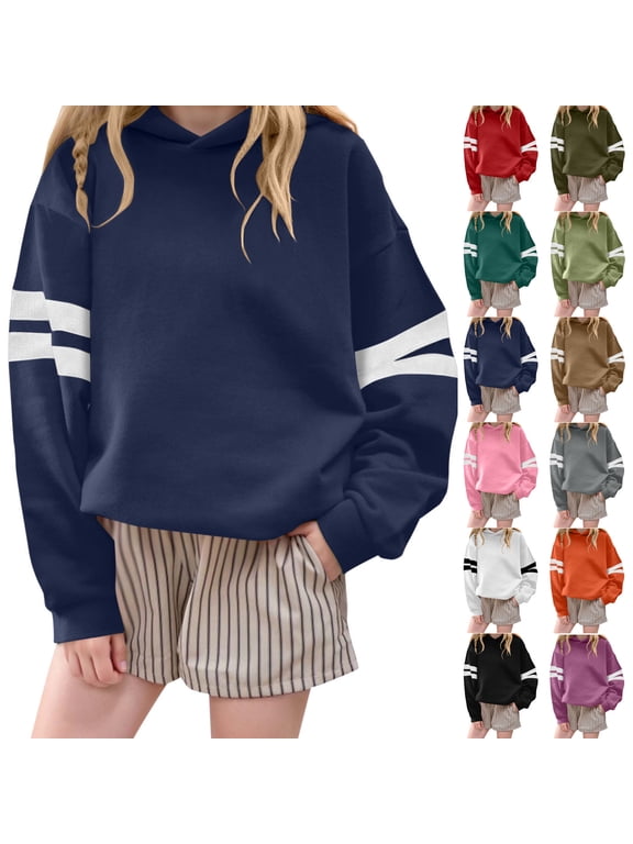 Girls Hooded Sweatshirt Striped Sleeve Pullover Hoodie Long Sleeve Casual Color Block Top Soft Cozy Warm School Play Daily Wear Autumn