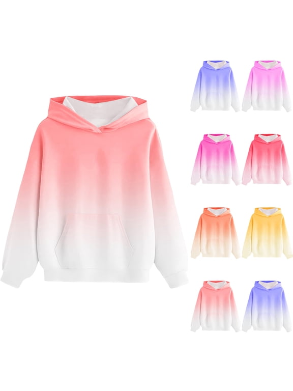 Girls Ombre Hooded Sweatshirt Long Sleeve Pullover Top with Kangaroo Pocket Soft Breathable Casual Hoodie for School Play Daily Wear Autumn