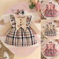thumbnail image 1 of Umfun Girls Plaid Ruffled Sleeve Dress with Bow Headband - Button Front Crewneck A-Line Mini Dress Cute Fall Winter Party Outfit for Toddlers and Little Girls, 1 of 9